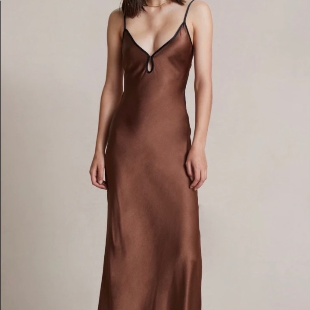 COPY - Brown silk, black outlined, backless maxi dress